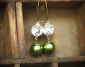 Green Pearl and Crystal Earrings, Bride, Dangle, Moss, Olive, Wedding