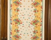 Table Runner Vintage Garden Print on white with Red Crotchet Trim /Retro table Runner