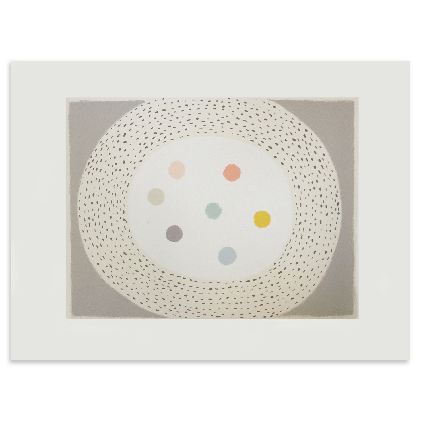 Nest and Eggs, original screenprint in eleven lovely colours on finest quality fine art paper. Original handmade simple abstract art.