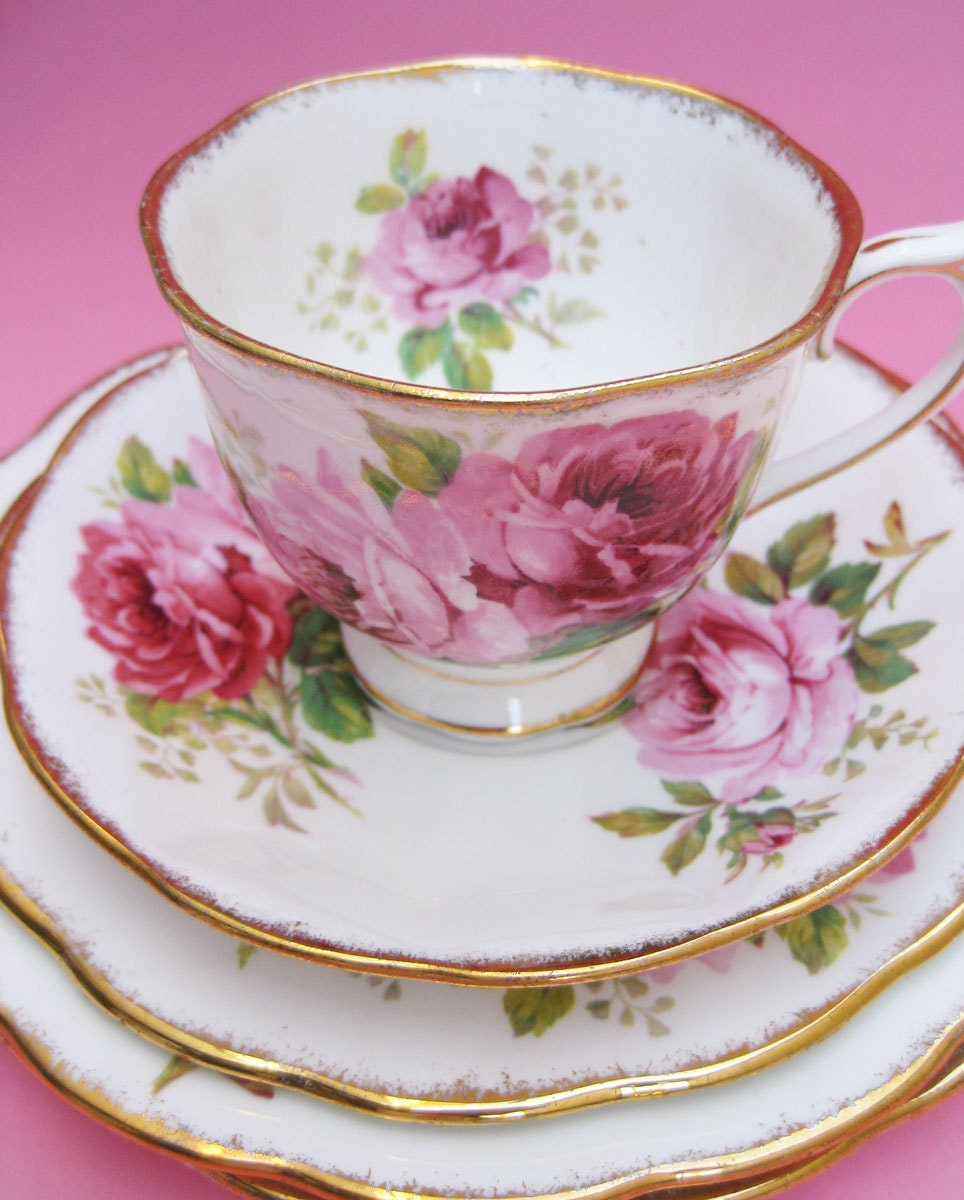 Vintage Royal Albert American Beauty Pink Rose China Teacup Trio - Cup Saucer Plate - Lush Warm Big Summer Blossom Flowers Porcelain Tea