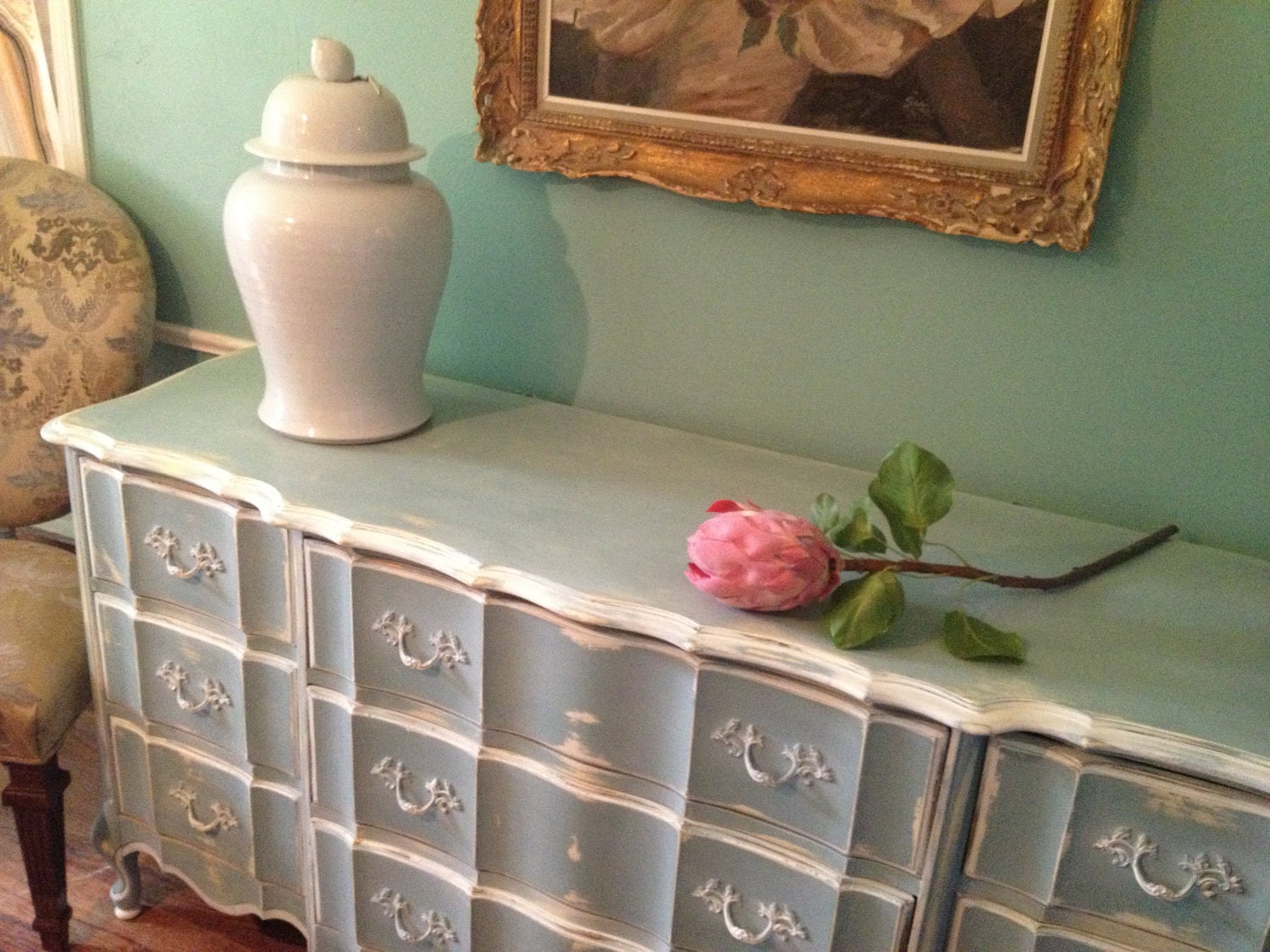 French Provincial Dresser European Painted Distressed Vintage Robins Egg Blue White