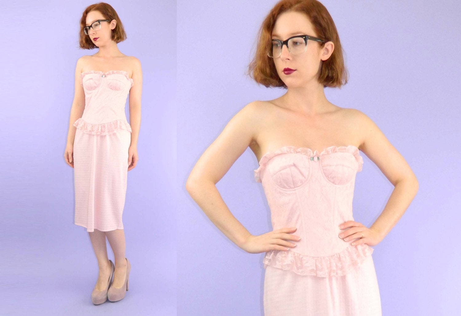 Pink Dress Lace Peplum GUNNE SAX Strapless Sweetheart Corset S/M