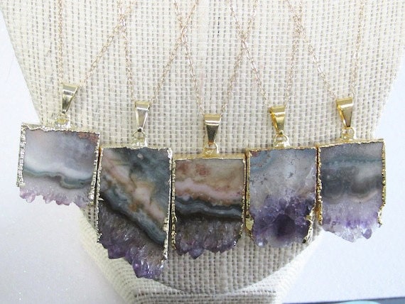 Amethyst Slice Druzy Natural Agate 24K Gold Plated Pendant 14K Gold Fill Thin Chain Necklace