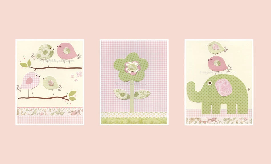 Baby girl, Nursery Print, Art Decor, love birds, sage, pale pink..Shabby chic set of 3 8x10 match to Carousel - French Angel Toile