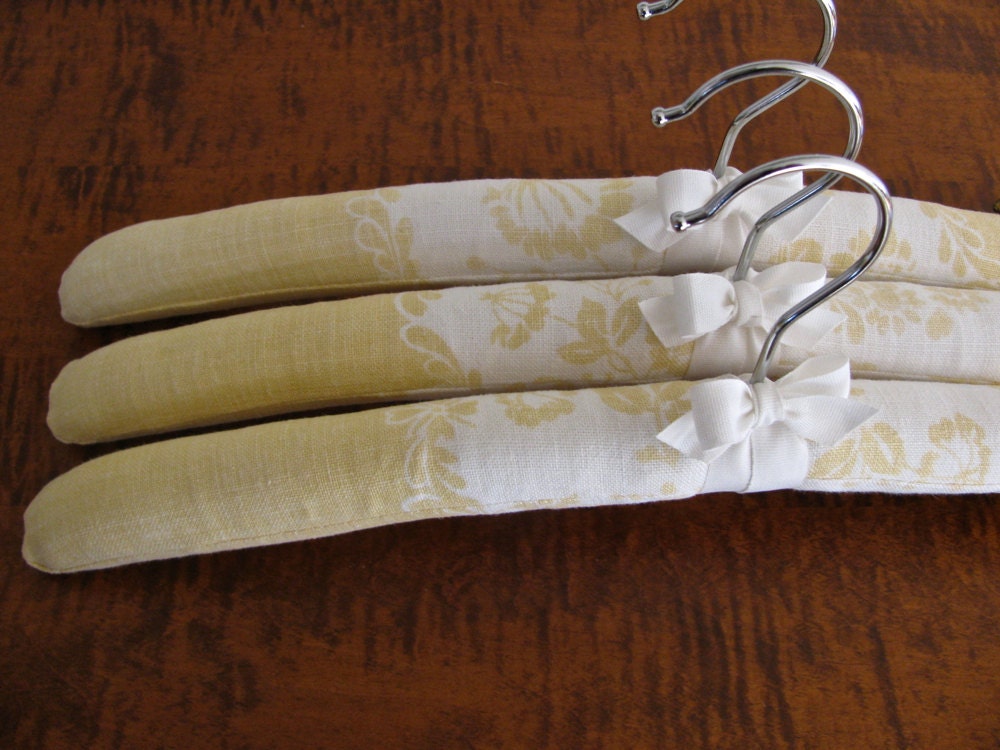 Yellow Vintage Linen, Pale Yellow with White and Yellow Floral Padded Hangers with White Cotton Organic Ribbon Accent (Set of 3)
