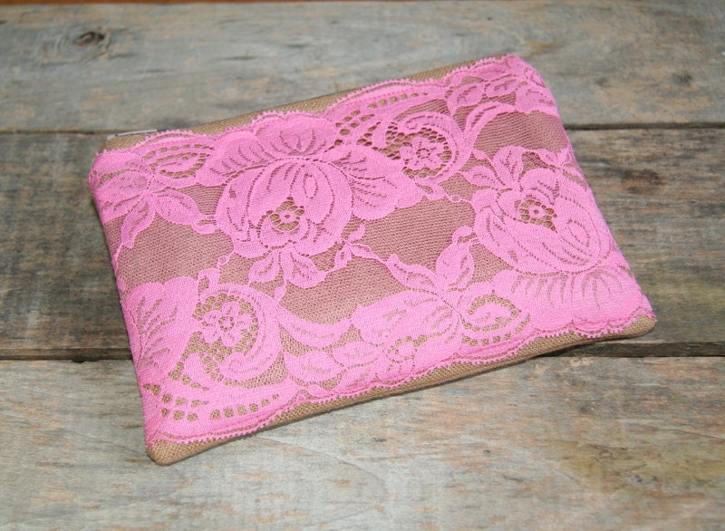 brown linen pouch with pink vintage lace / fall fashion  / bridesmaids / cosmetic bag / stocking stuffer / under 30
