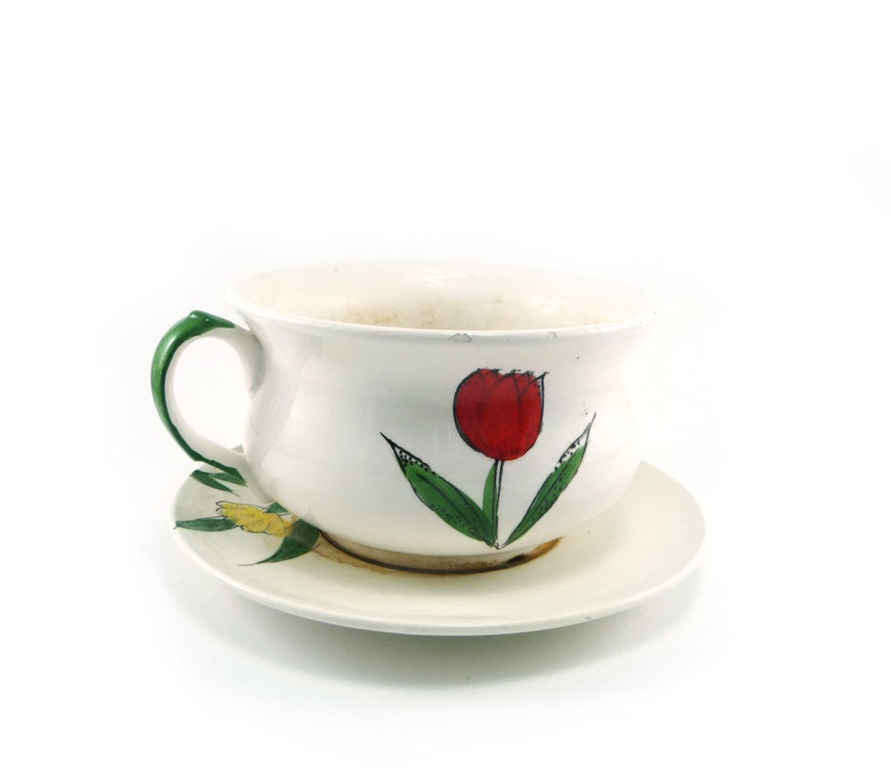 Vintage floral tea cup planter- flower pot, tulips