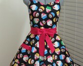 Love My Cupcakes Full Apron - Multi-Color cupcakes on Black- with a hint of Raspberry - Full of Twirl Flounce- Ready to ship