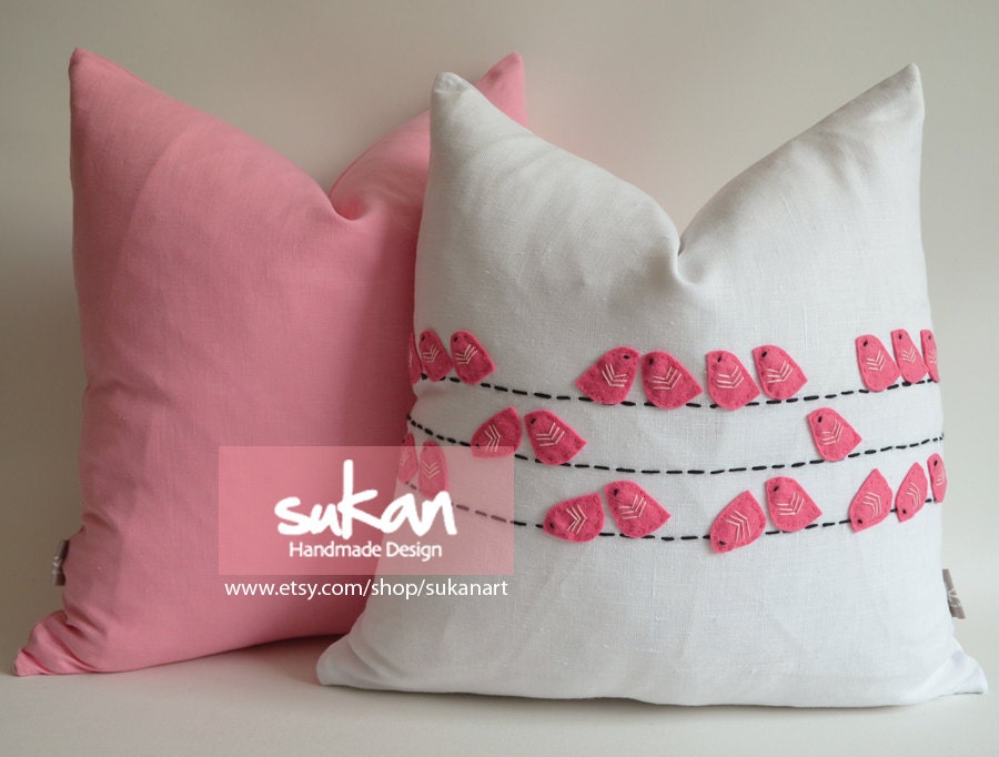 Sukan / Pink Birds, White Linen Pillow cover, Throw Pillow Cover, Decorative PIllow, Cushion Cover, - 18x18