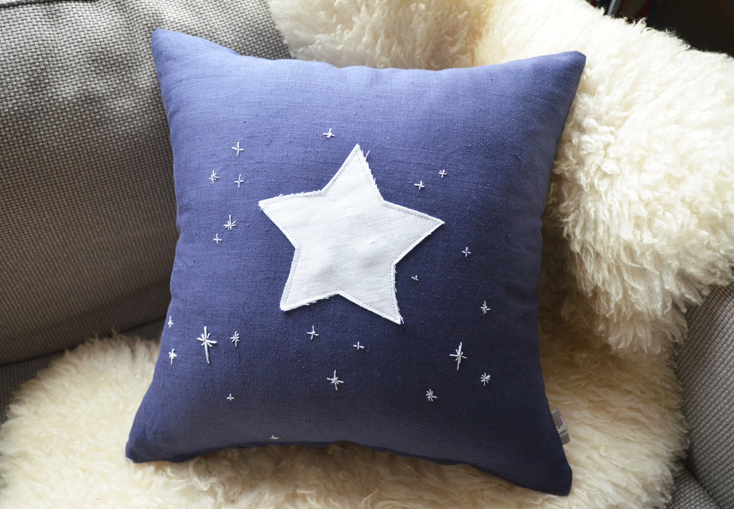 Sukan / Navy Blue Month Star Moon Pillow Cover - Decorative Pillow - Accent Pillow - 16x16 inch