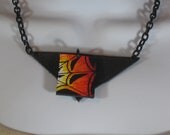 Hand Painted Firelit Spiderweb with Black Recycled Leather Bib Necklace