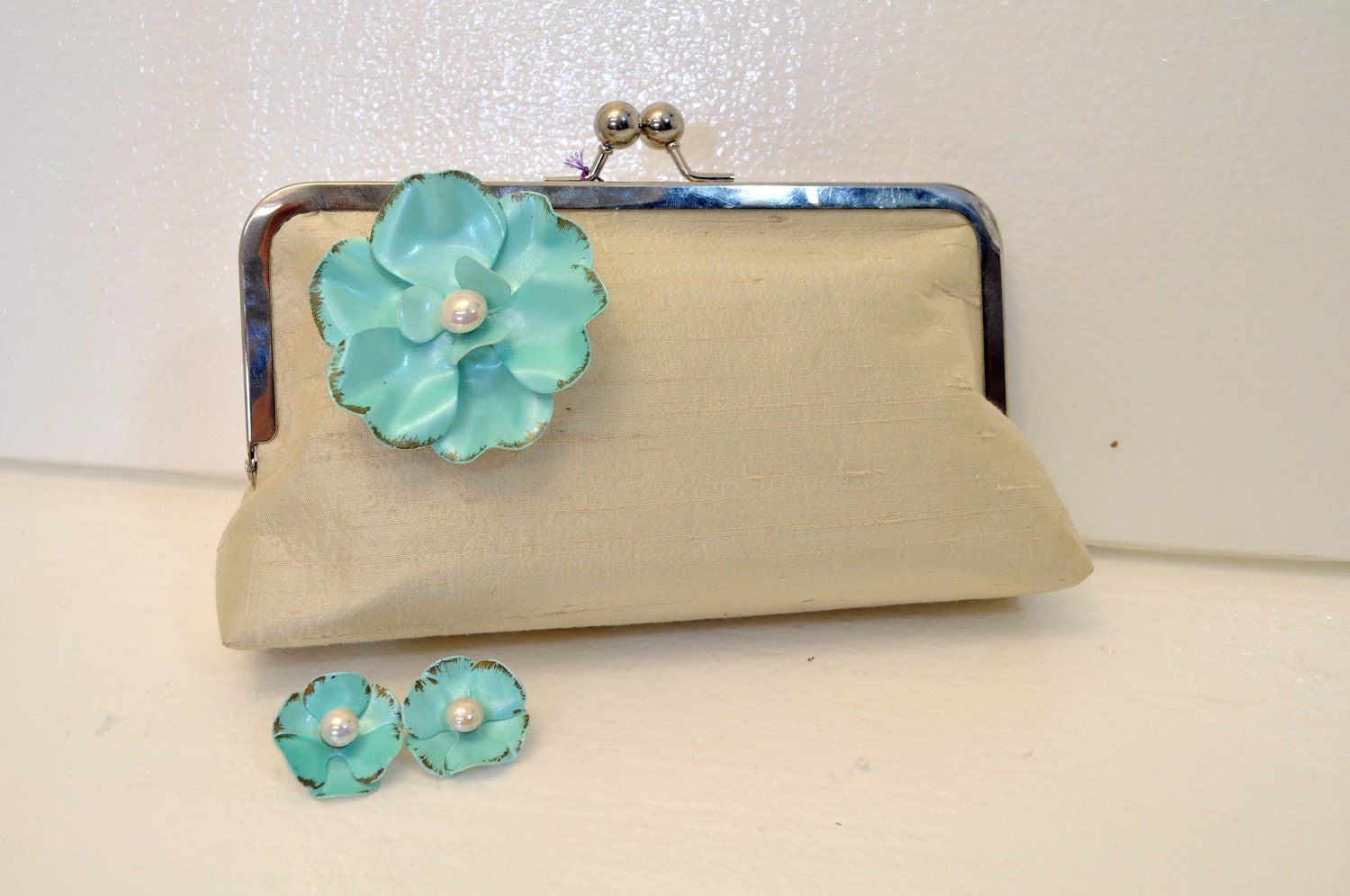Ivory Clutch Silk Purse with Vintage Jewelry Brooch & Earrings - ivory, chocolate, turquoise, teal flower pearl, heirloom