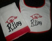 Razorback Bib and Burp Cloth Set, Arkansas Razorback Baby, Personalized Razorback Baby Gift