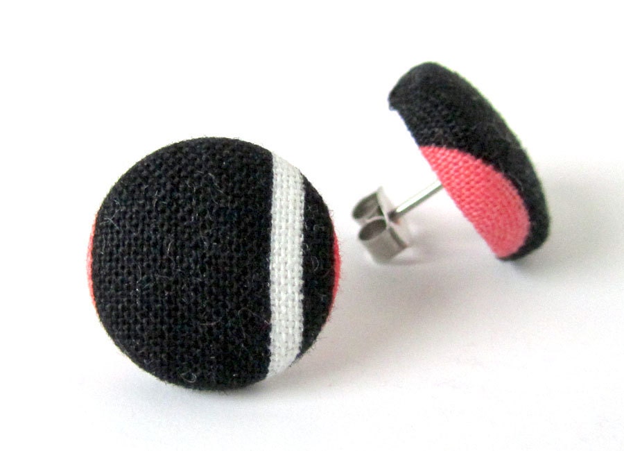 Fabric button earrings studs white pink black stripes small tiny
