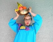 Chiquita Banana - Vintage 80s Turquoise Cotton Summer Sun Dress w/ Hot Pink/Yelllow/Navy Blue Embroidery/Sequin Applique - Plus Size Dress