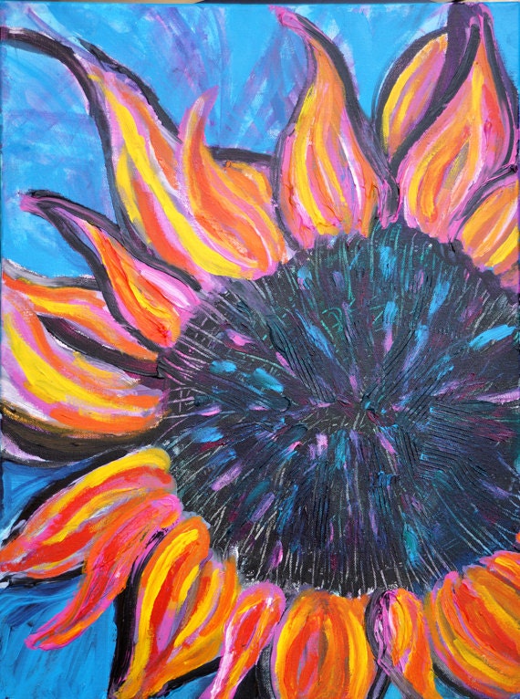 Sunflower Painting, Original Artwork, Technicolor Sunflower, colorful Orange Pink Blue Art
