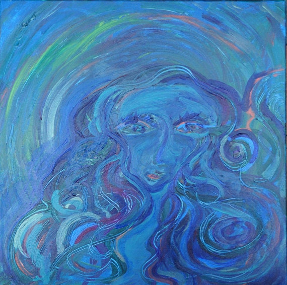 Original Painting Lady of the Water, Blue Green Textured acrylic art