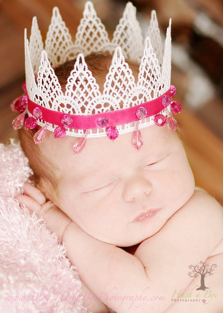 Newborn delecate white lace and pink Princess Crown