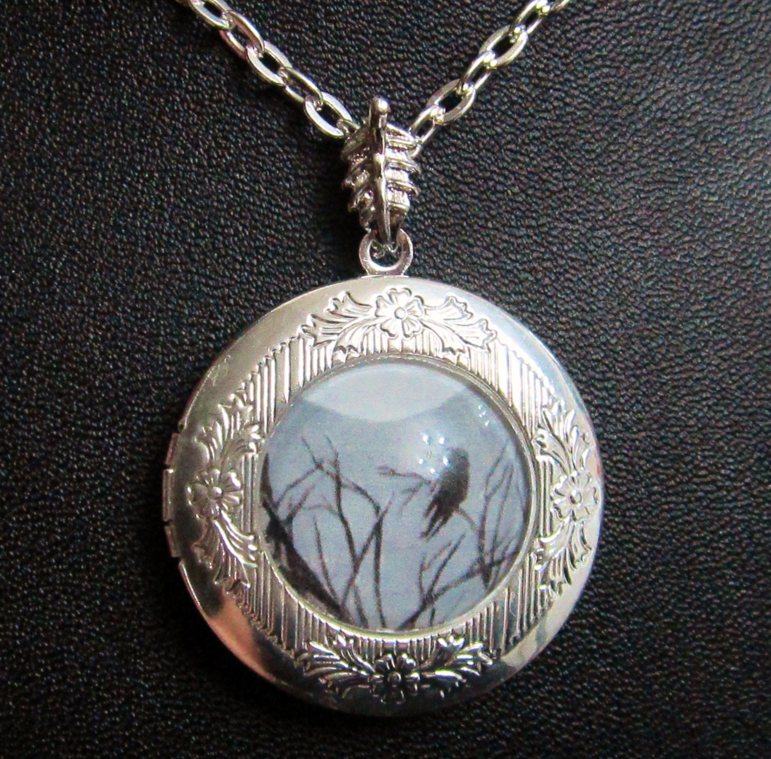 Gray Black Raven Crow Round Silver Locket  Wearable Art Victorian Style