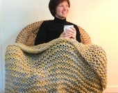 Only 1 Available - Light Grey and Mustard Yellow Chunky Knit Throw Blanket - Great Housewarming Present or Wedding Gift