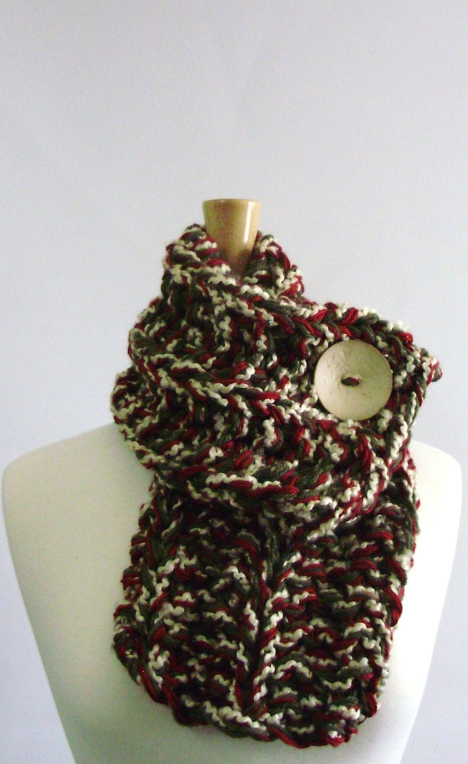 Red, Green and White Chunky Knit Cowl Scarf with Large White Button - Only 1 Available