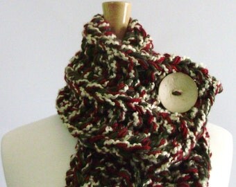Red, Green and White Chunky Knit Cowl Scarf with Large White Button - Only 1 Available