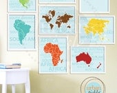 World Map Art for Nursery, Travel List and Continents, Set of Eight, 8.5X11 Inches, Playroom decor, Baby Gift, Nursery Decor