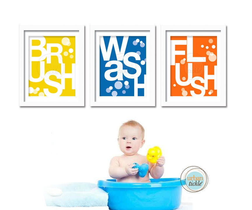 Bathroom Prints for kids, Set of 3,  Bathroom Basics, 8.5X11 Inches, Brush, Flush, Wash, Typography, Wall Art, Holiday Gift