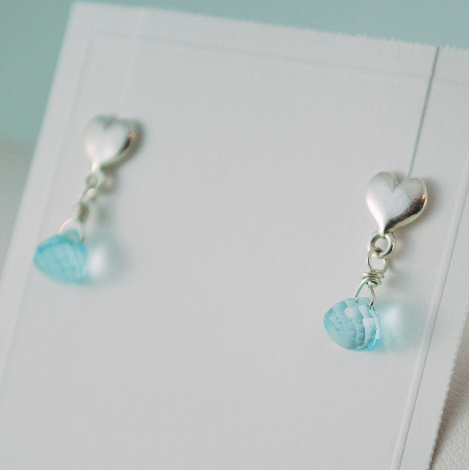 Genuine Blue Topaz Earrings Child Children Girl Pale AAA Gemstone Sterling Silver Heart Ear Posts Wire Wrapped Jewelry December Birthstone