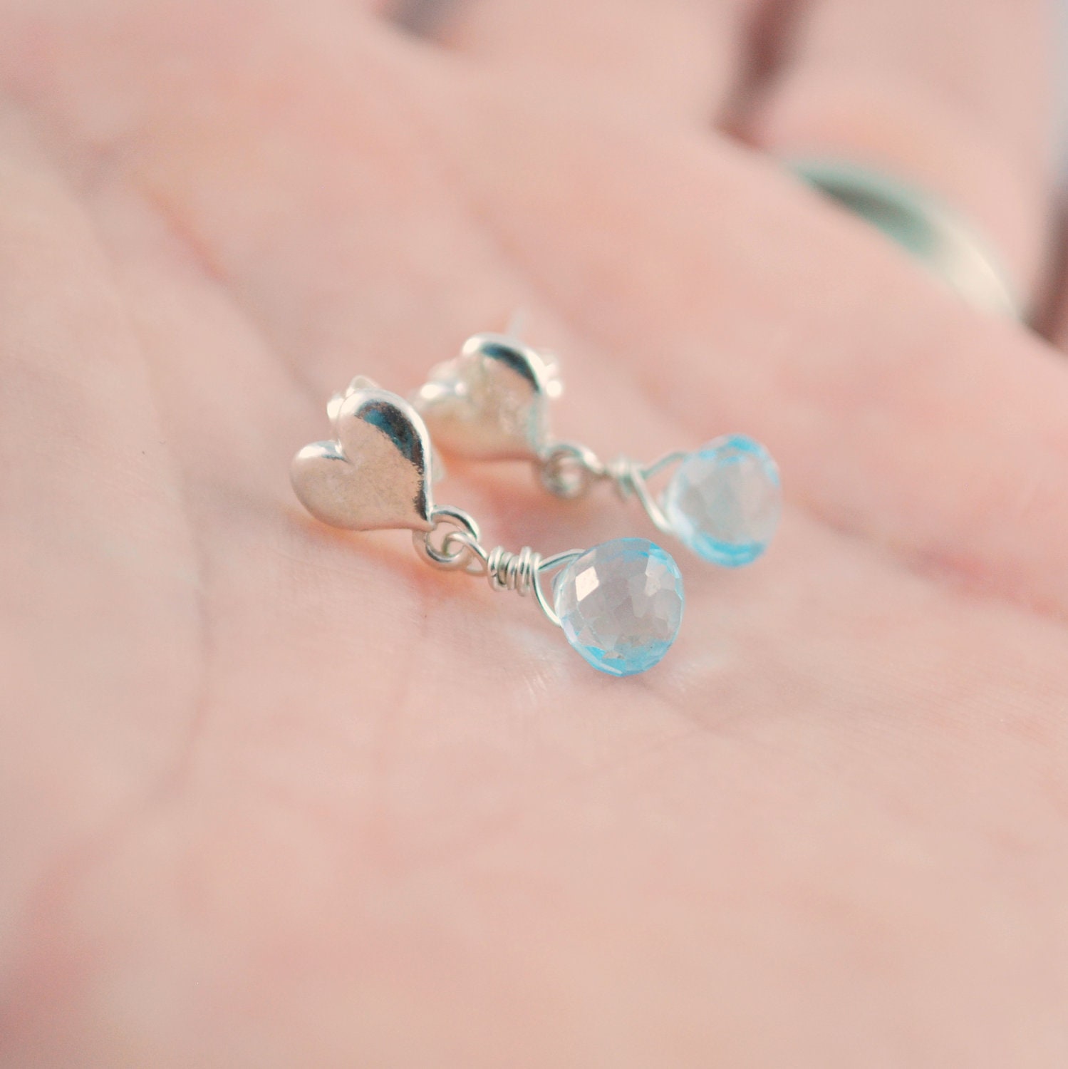 Genuine Blue Topaz Earrings Child Children Girl Pale AAA Gemstone Sterling Silver Heart Ear Posts Wire Wrapped Jewelry December Birthstone