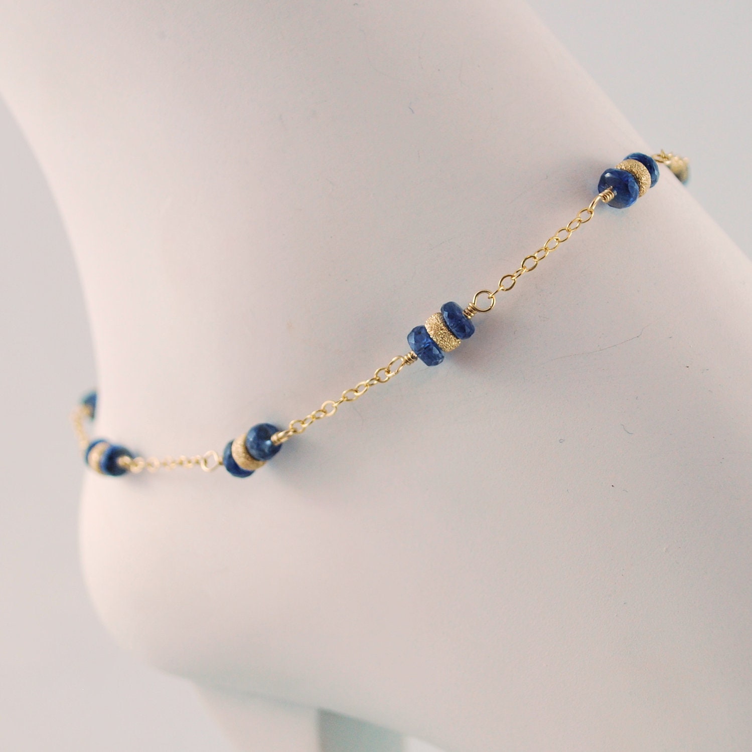 Kyanite Gemstone Nautical Anklet Monaco Blue Stardust Bead Delicate Chain Ankle Bracelet Gold Jewelry Complimentary Shipping