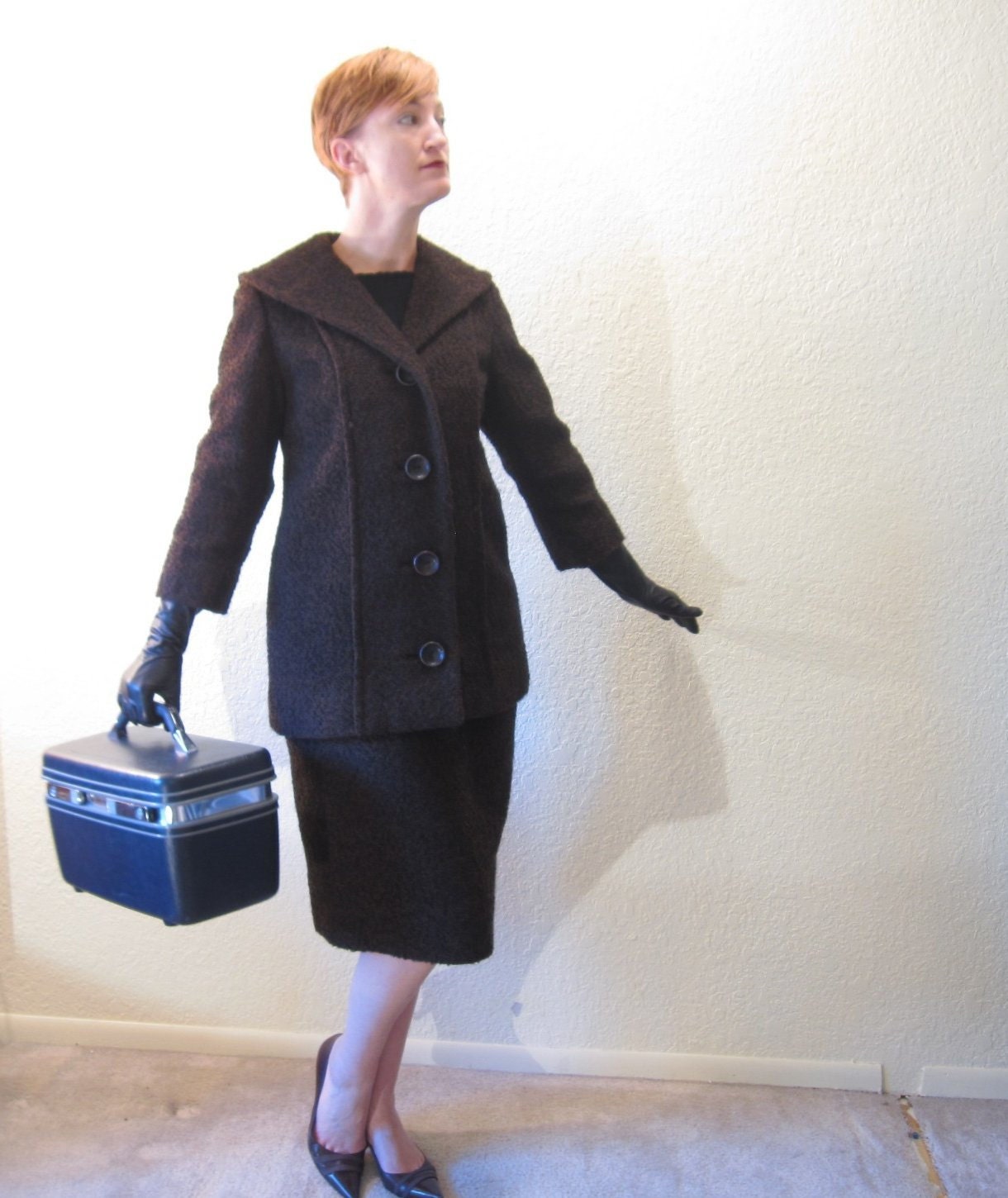 Vintage 60s Wool Suit. Pencil Skirt. Wide Shawl Collar Coat Jacket. Brown. Size S.