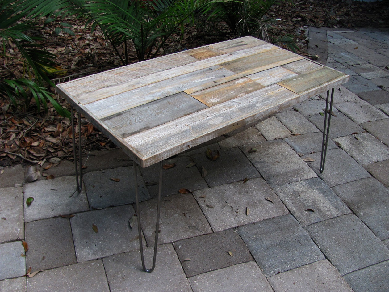 Upcycled Coffee Table, mid century style hairpin legs, made of recycled wood, 20" X 36"