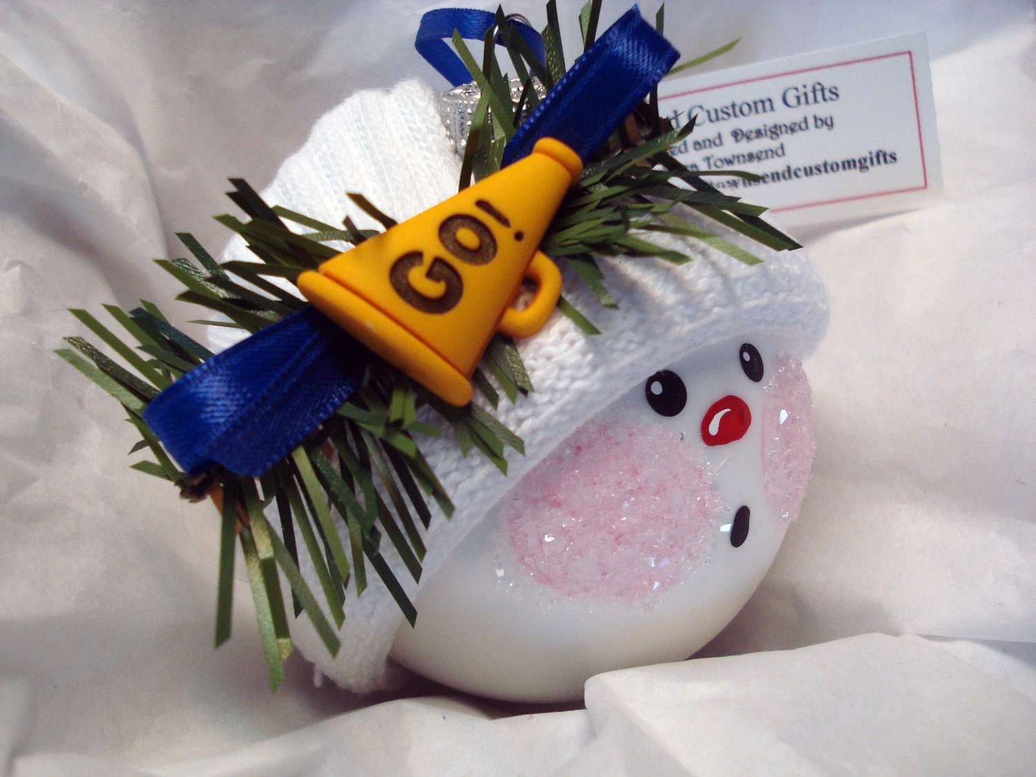 Team Spirit Snowman Ornament Christmas Tree Bulb  Hand Painted Glass  Snowball face  Themed with a megaphone - Personalized