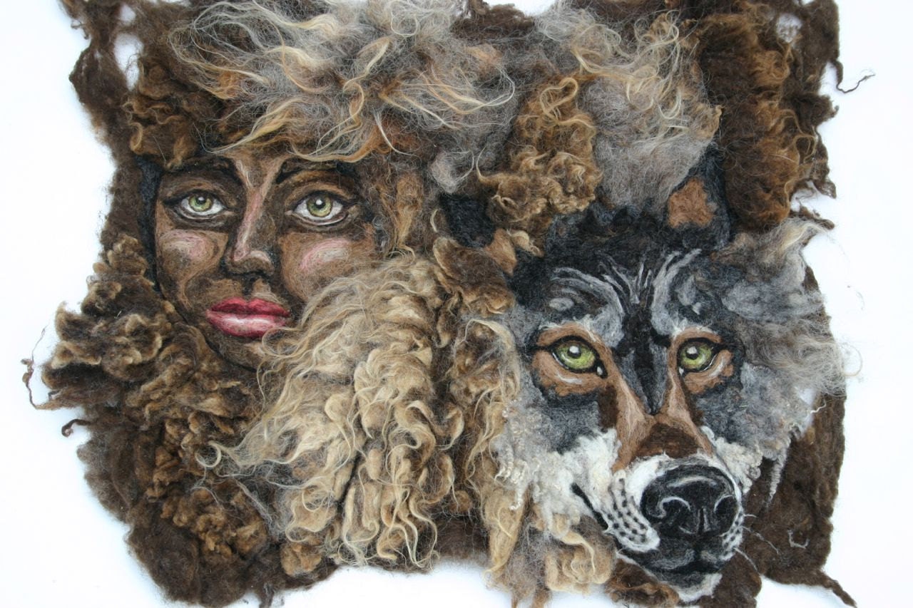 Felt Wall Hanging  Needlefelt Art Huntress and Wolf