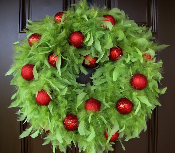 Christmas Wreath   Lime Green Feather Wreath with Red Ornaments- LAST ONE - Free Wreath Hanger Inlcuded