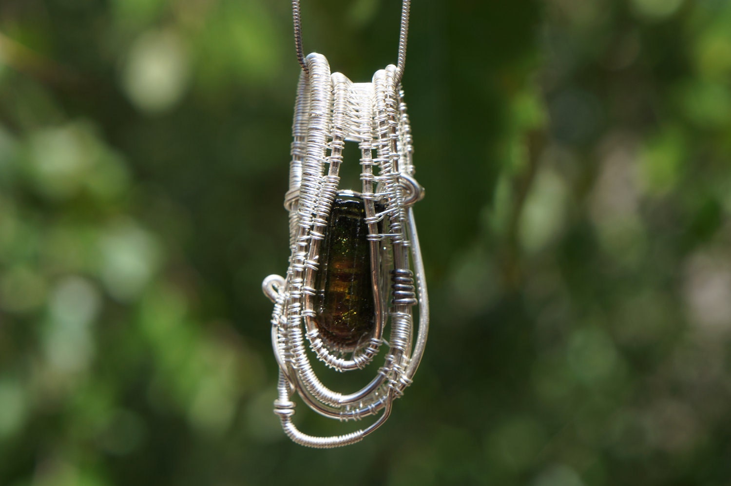Wire Wrapped Jewelry - Watermelon Tourmaline Crystal Gemstone Necklace Pendant Sterling Silver //FREE SHIPPING//