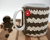 Crochet Cup Cozy - Coffee Cup Cozy - Brown and Cream Striped Coozie - Mason Jar Cozy - Koozie