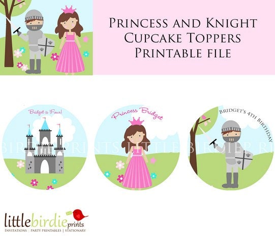KNIGHT Fairy PRINCESS Birthday Party Cupcake Toppers Circles with CASTLE.  --  Printable and party items to match available