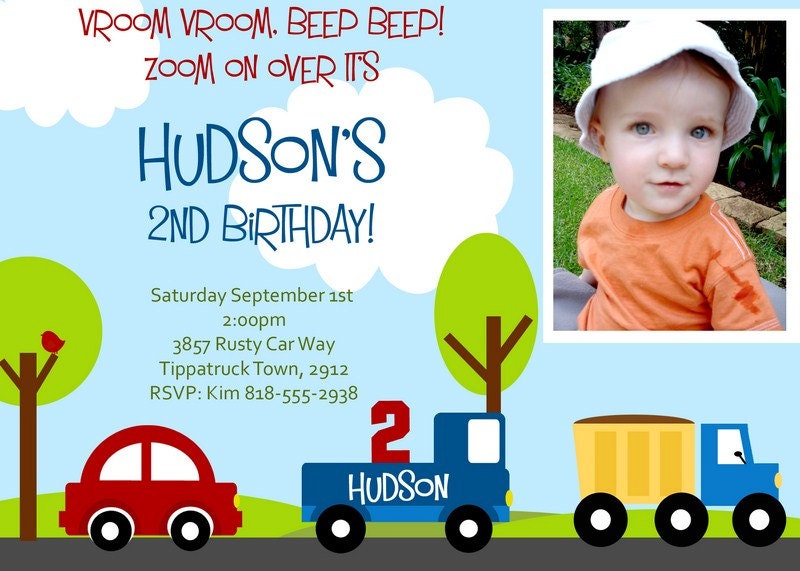 LITTLE CARS and TRUCKS Birthday Invitation with Photo. Printable