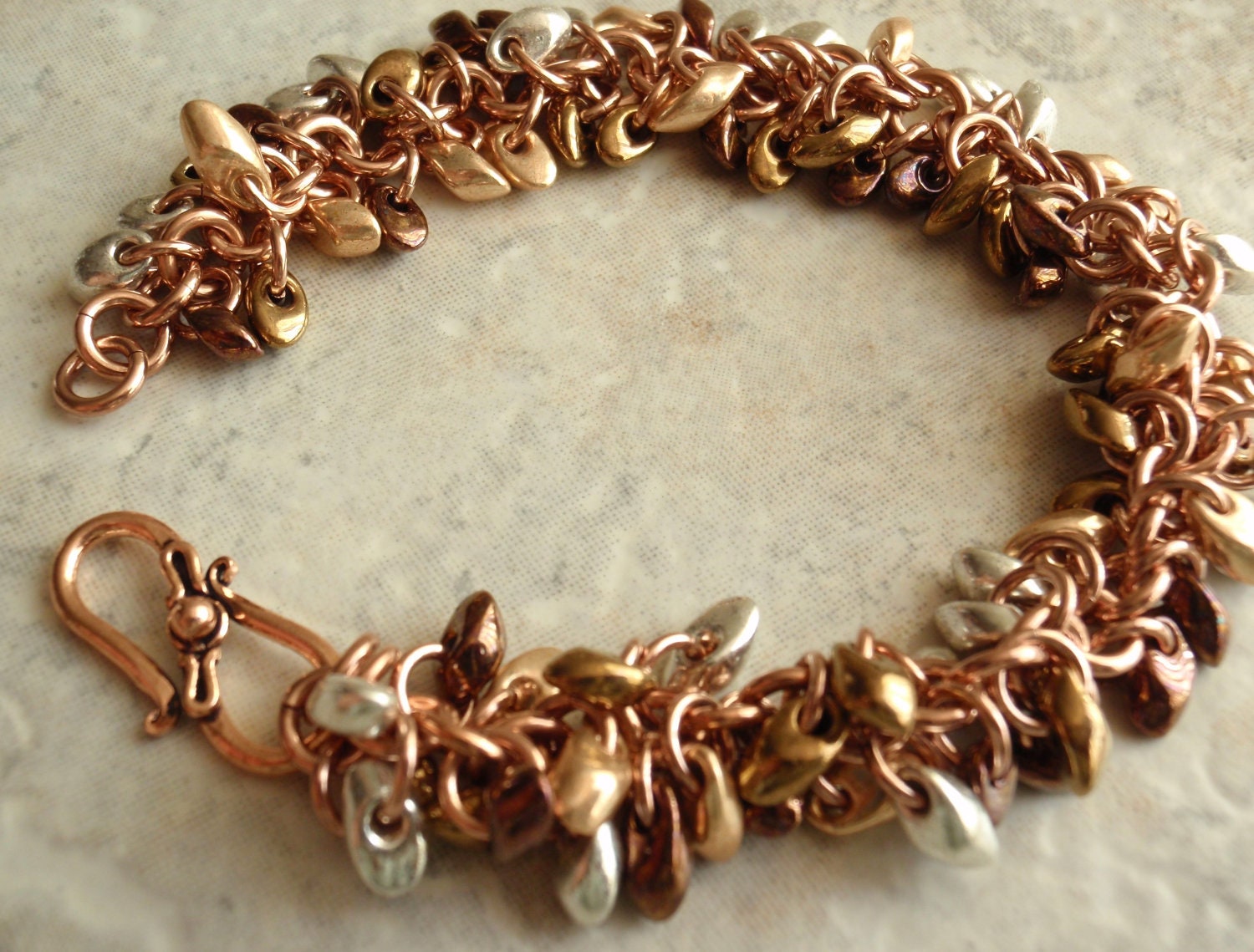 Copper Beaded Party Bracelet Metallic Shaggy Loops Chainmail Bling
