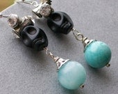 Black Skull Earrings with Blue Candy Jade Dangles