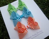 Large 4" Hair Bow Set: Green, Blue, Orange Stripes