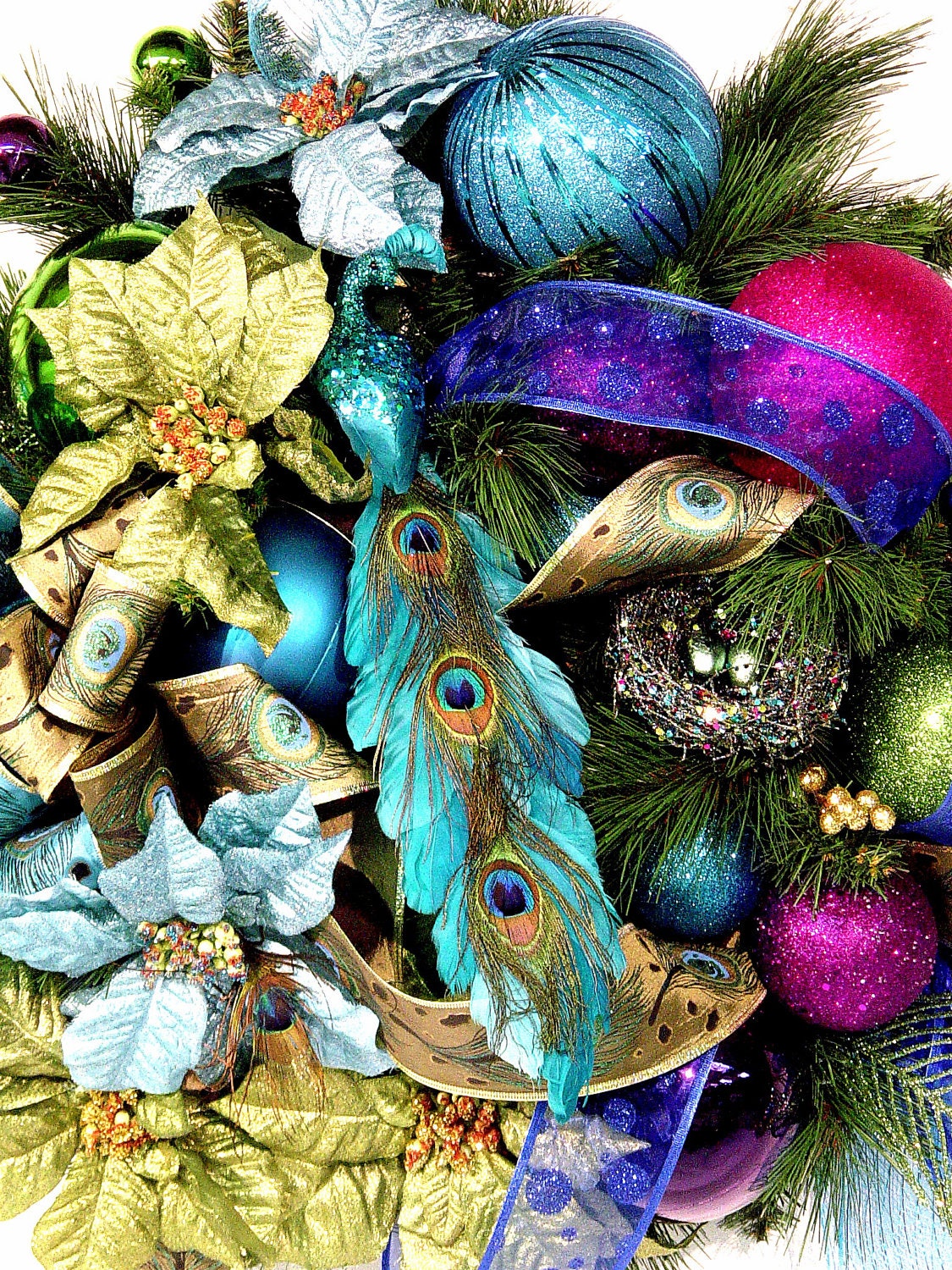 Proud Peacock Christmas door Wreath Holiday Wedding Jewel tones Feathers OveR the ToP Gorgeous by Cabin Cove Creations