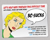 30 Sucks Birthday Party Invitation, Retro Pulp Woman, Funny, Thirty, 30th, 40th, 50th, 60th, Printable DIY digital file