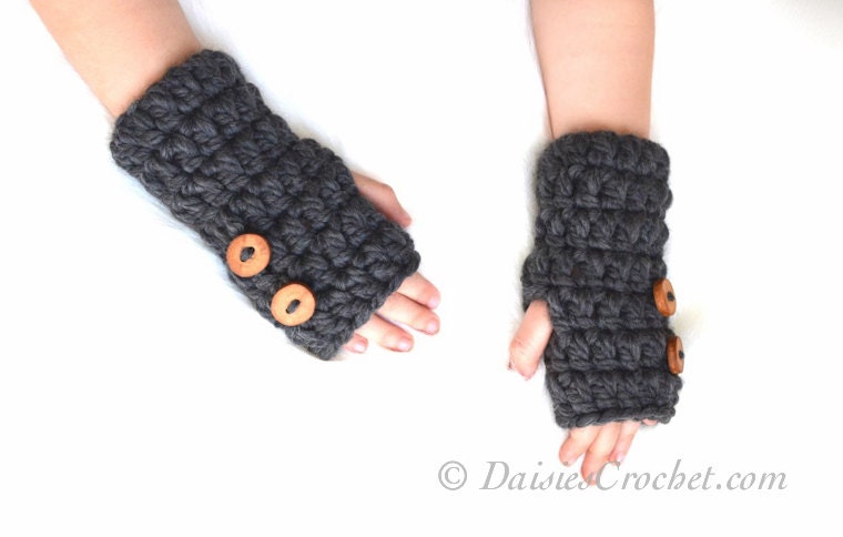 Boy Girl  gloves Fingerless mittens grey wool blend yarn arm wrist warmers with wooden buttons. ready to ship
