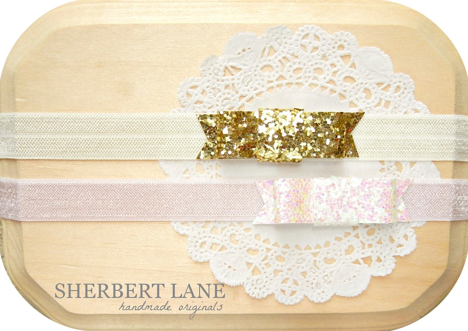 Baby Headband Set - Glitter Bow Headband - Gold and Cream - Pearl and Pink
