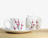 Ceramic Coffee Cup with Saucer White Cherry Tree  Tea Cup Hand Painted Kitchen Decor