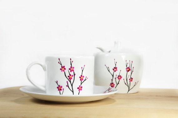 Ceramic Coffee Cup with Saucer White Cherry Tree Tea Cup Hand Painted Kitchen Decor