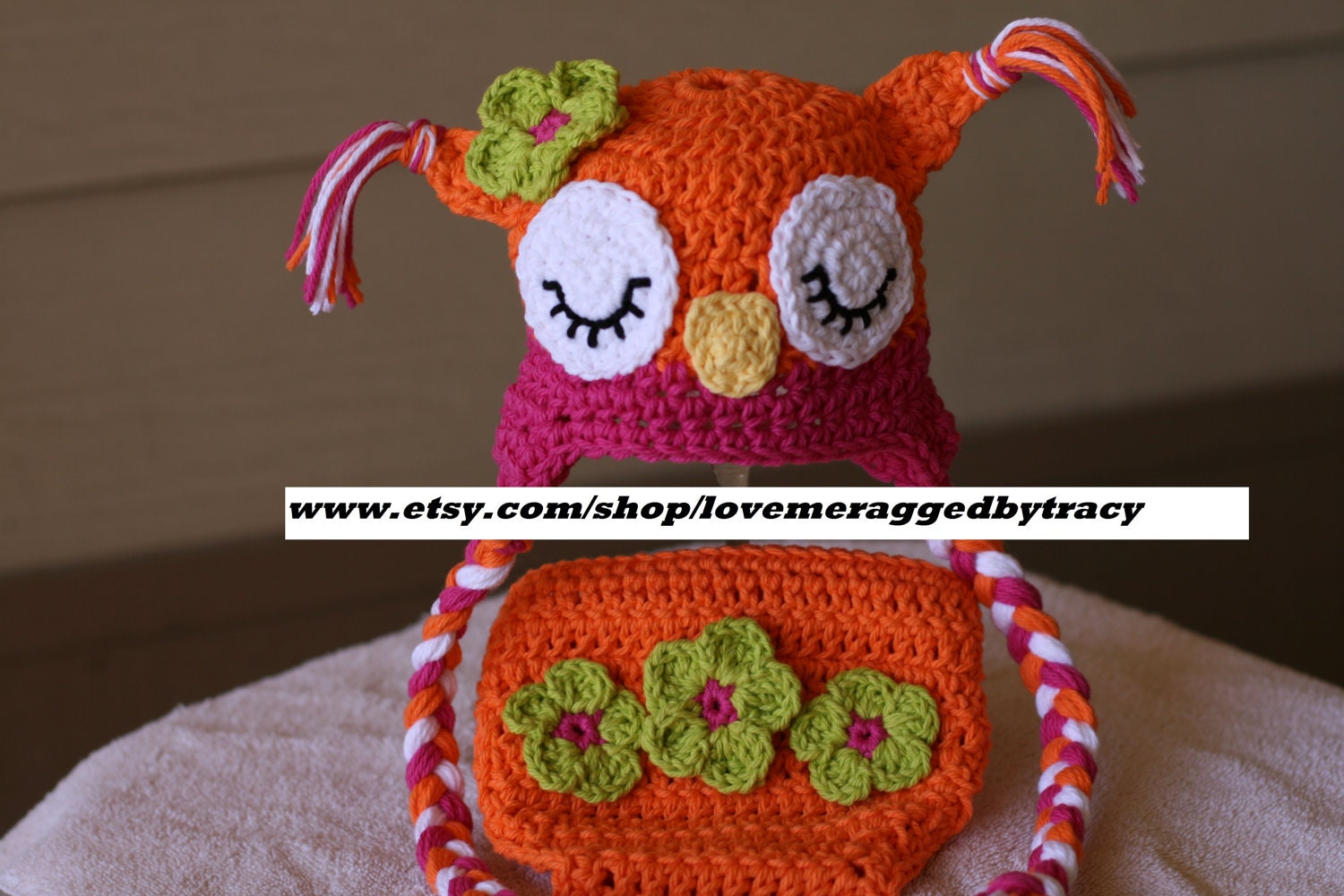 Newborn Sleepy Owl Hat/Diaper Cover Set The Original Orange Hot Pink and Green Photography Prop size fully customizable